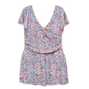 Swim Dress 2XL Floral Print V-Neck Short Sleeve Ruched Waist Plus Tummy Control